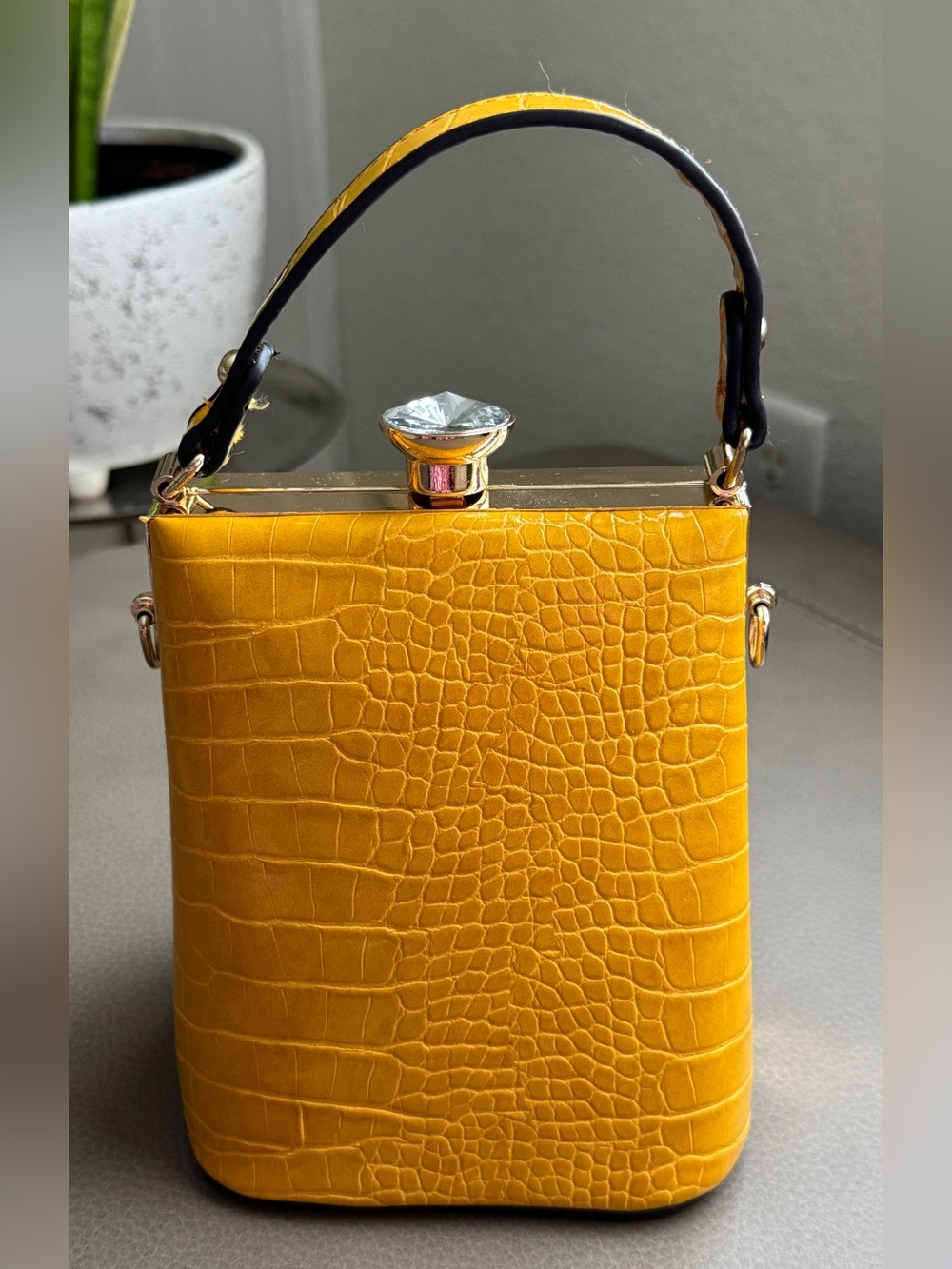 Yellow Croc-Texture Top Handle Evening Clutch